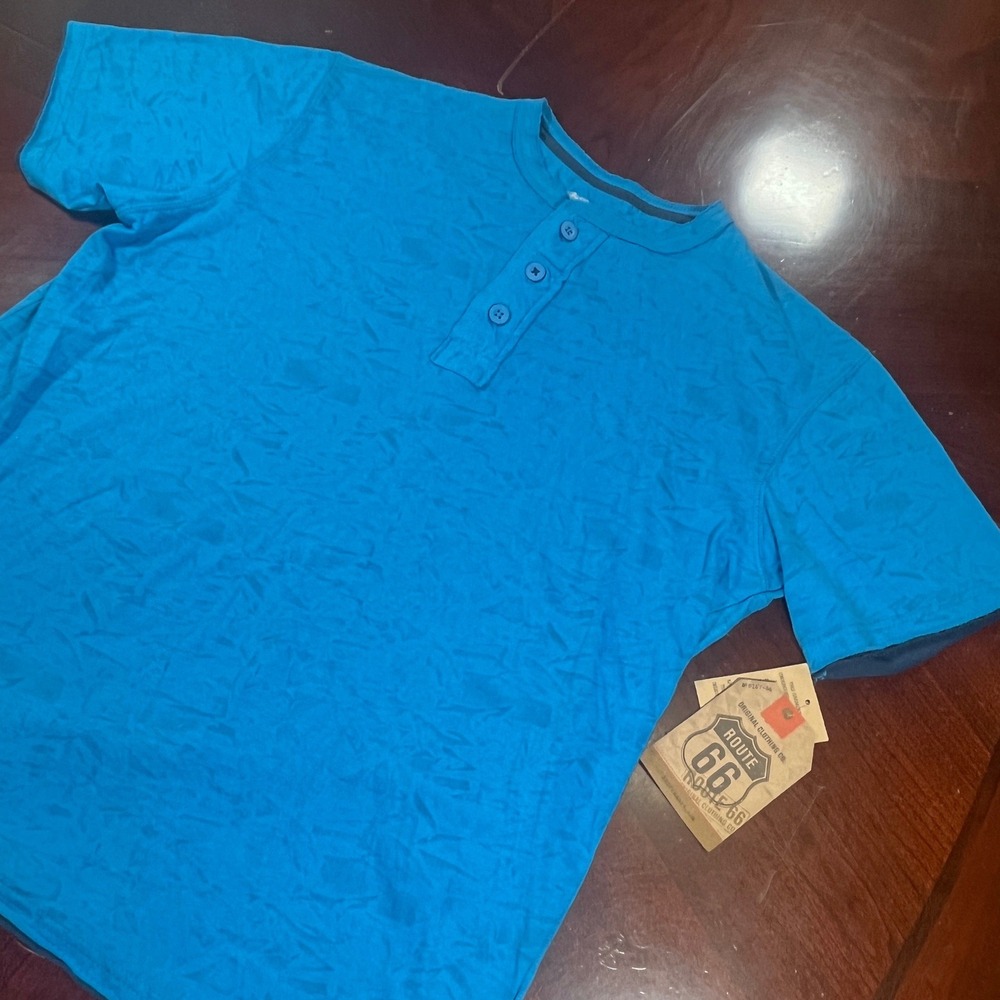 Route 66 Mens Blue Henley Shirt XL Cotton Textured Wash New With Tags NWT